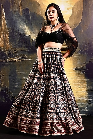 Black Suede Printed Lehenga Set by Rashika Sharma