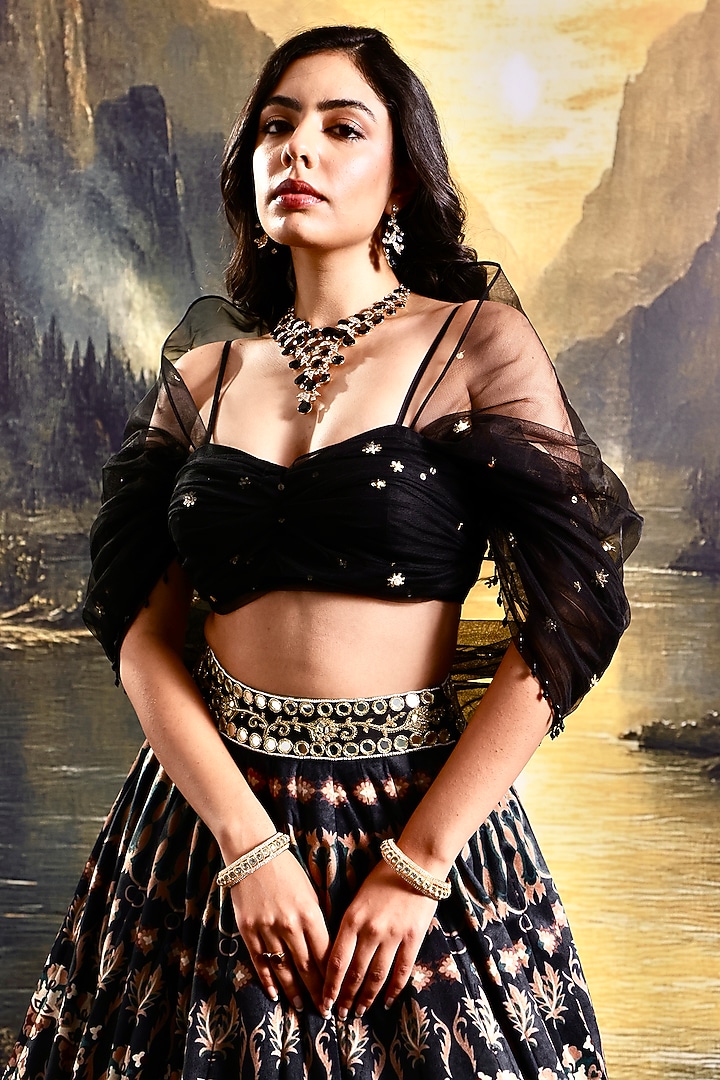 Black Suede Printed Wedding Lehenga Set by Rashika Sharma at Pernia's Pop Up Shop