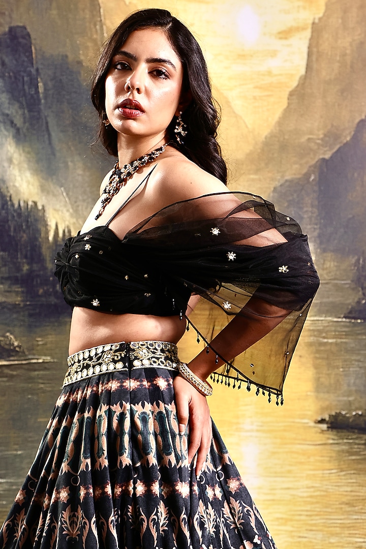 Black Suede Printed Wedding Lehenga Set by Rashika Sharma at Pernia's Pop Up Shop
