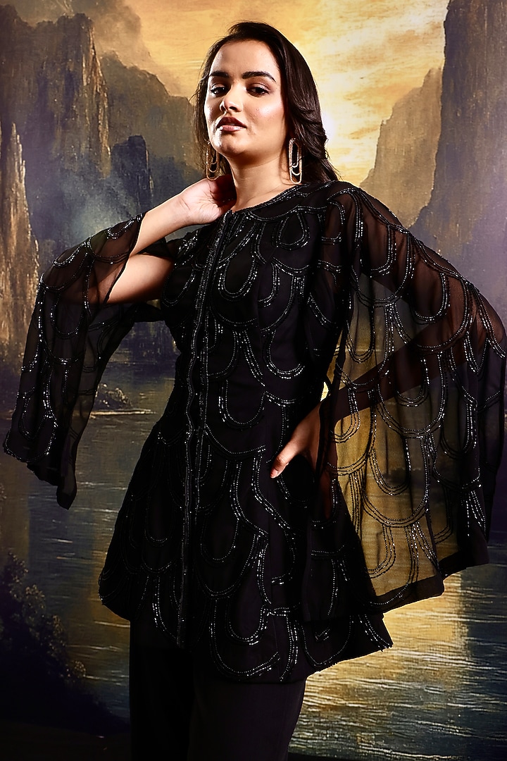 Black Georgette Two-Tone Hand Embellished Kurta Set by Rashika Sharma at Pernia's Pop Up Shop