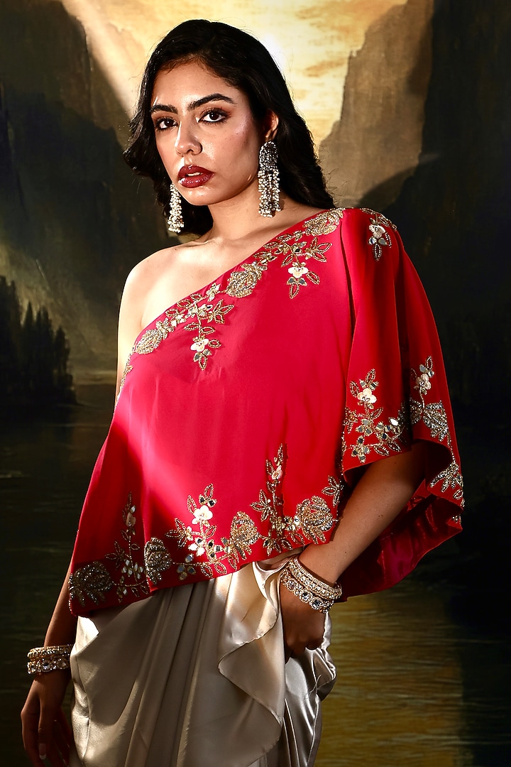 Gold Satin Draped Skirt Set by Rashika Sharma at Pernia's Pop Up Shop