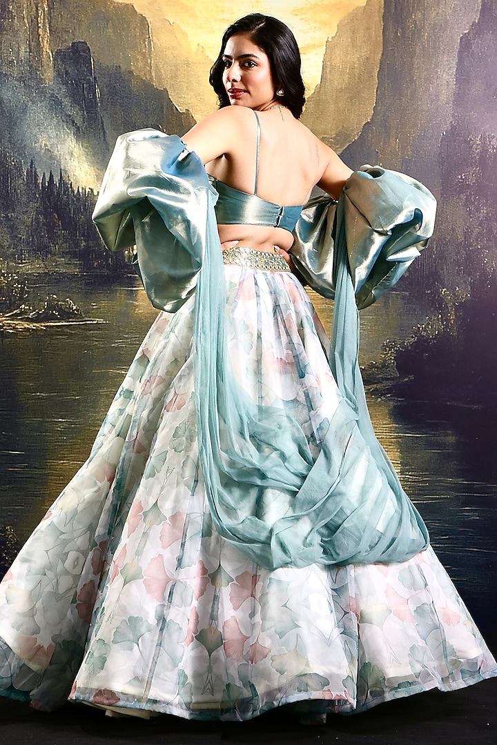 White & Mint Green Organza Floral Printed Wedding Lehenga Set by Rashika Sharma at Pernia's Pop Up Shop