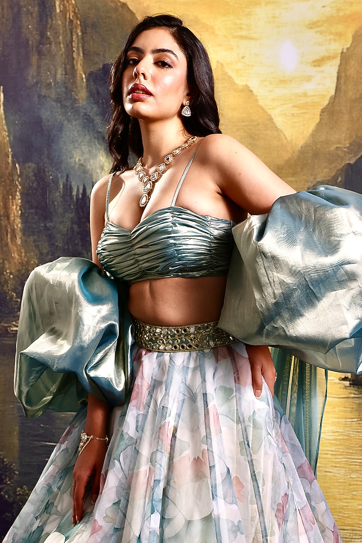 White & Mint Green Organza Floral Printed Wedding Lehenga Set by Rashika Sharma at Pernia's Pop Up Shop