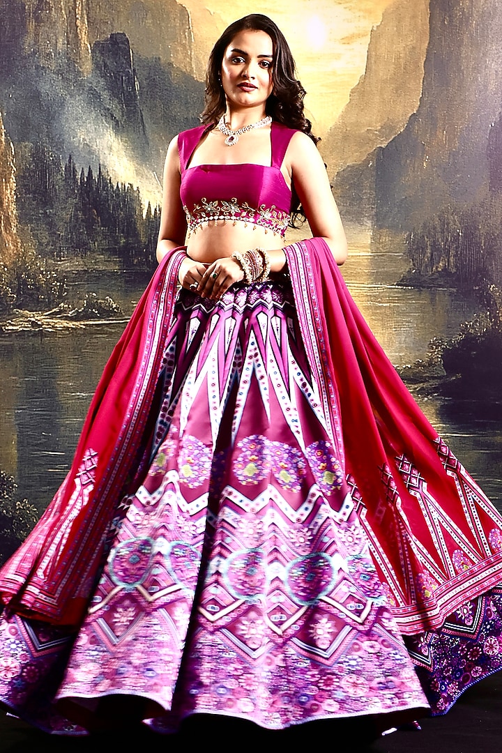 Magenta Satin Printed Wedding Lehenga Set by Rashika Sharma at Pernia's Pop Up Shop