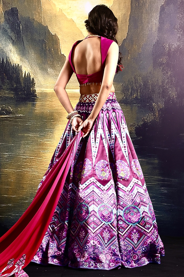 Magenta Satin Printed Wedding Lehenga Set by Rashika Sharma at Pernia's Pop Up Shop
