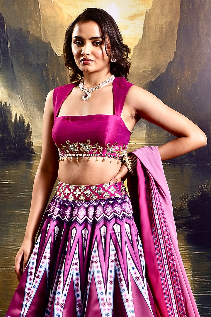 Magenta Satin Printed Wedding Lehenga Set by Rashika Sharma at Pernia's Pop Up Shop