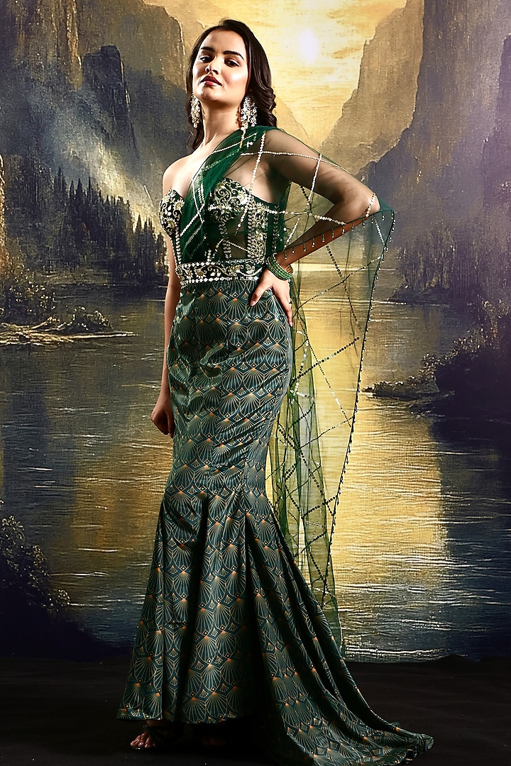 Emerald Green Net Hand Embellished Corset Gown by Rashika Sharma at Pernia's Pop Up Shop