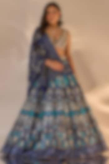 Blue Silk Printed & Hand Embroidered Wedding Lehenga Set by Rashika Sharma at Pernia's Pop Up Shop