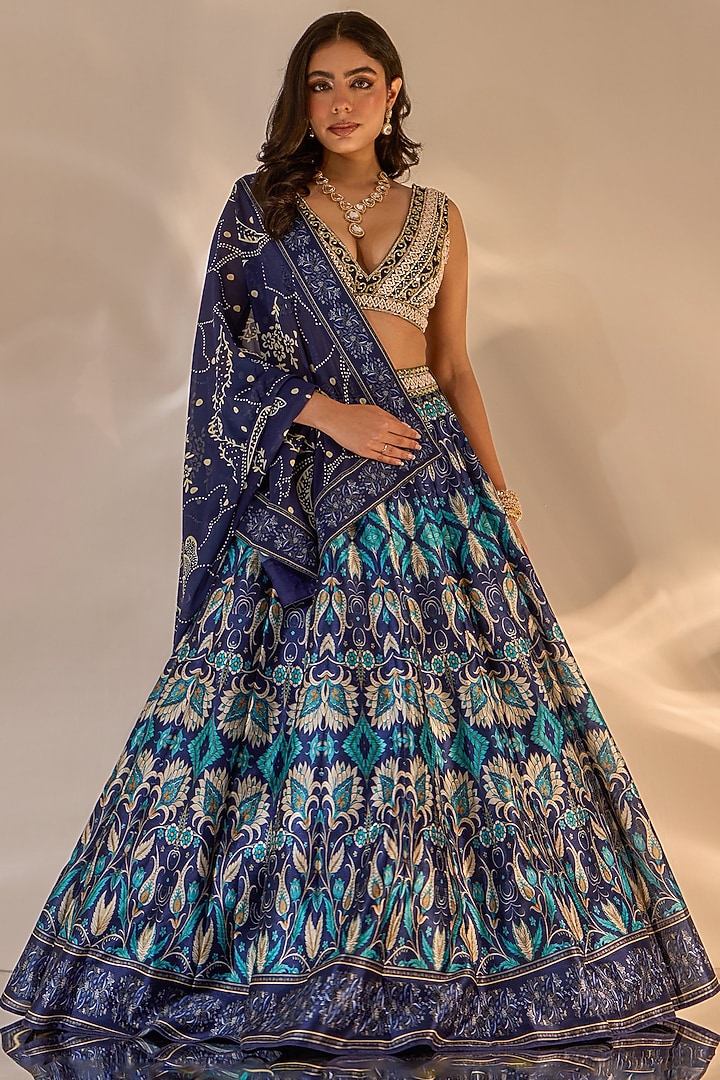 Blue Silk Printed & Hand Embroidered Wedding Lehenga Set by Rashika Sharma at Pernia's Pop Up Shop