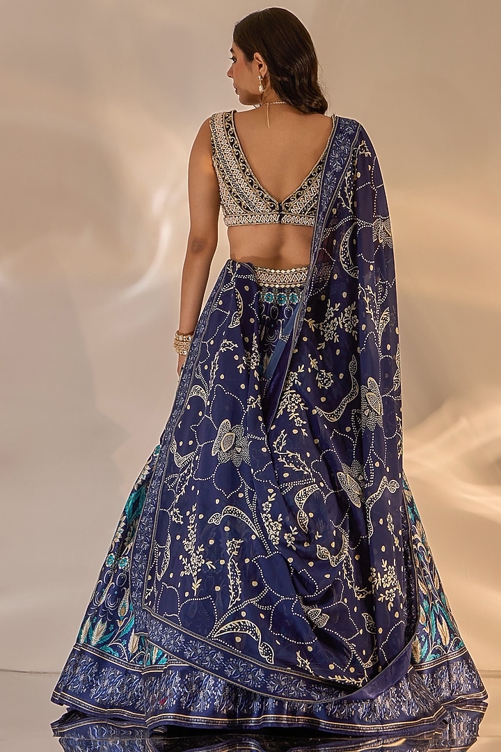 Blue Silk Printed & Hand Embroidered Wedding Lehenga Set by Rashika Sharma at Pernia's Pop Up Shop
