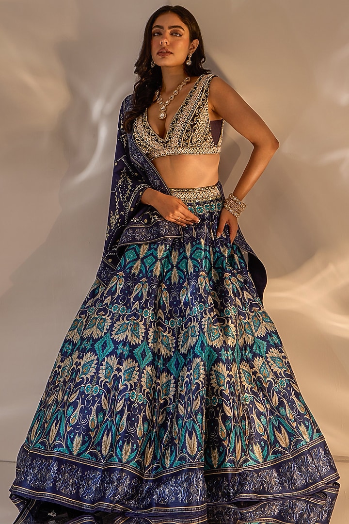 Blue Silk Printed & Hand Embroidered Wedding Lehenga Set by Rashika Sharma at Pernia's Pop Up Shop