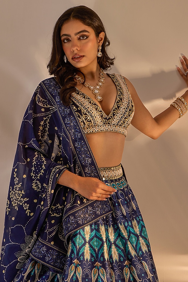 Blue Silk Printed & Hand Embroidered Wedding Lehenga Set by Rashika Sharma at Pernia's Pop Up Shop