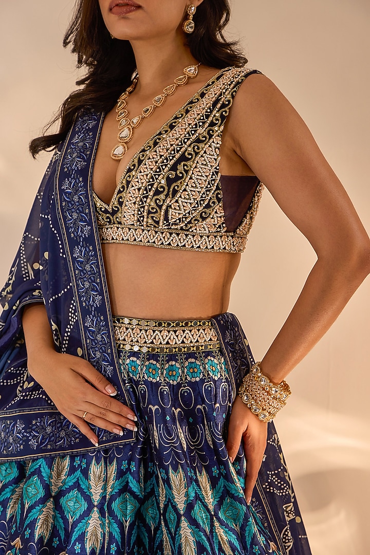 Blue Silk Printed & Hand Embroidered Wedding Lehenga Set by Rashika Sharma at Pernia's Pop Up Shop