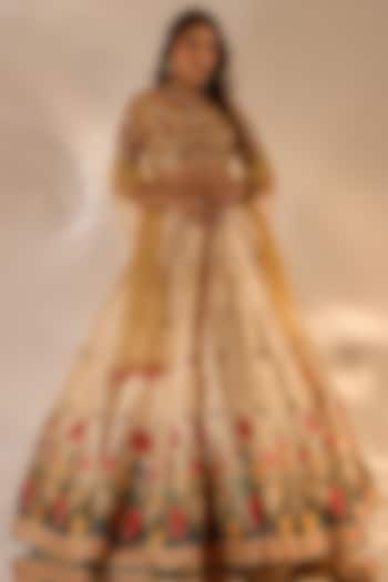 Beige Silk Floral Printed & Hand Embroidered Wedding Lehenga Set by Rashika Sharma at Pernia's Pop Up Shop
