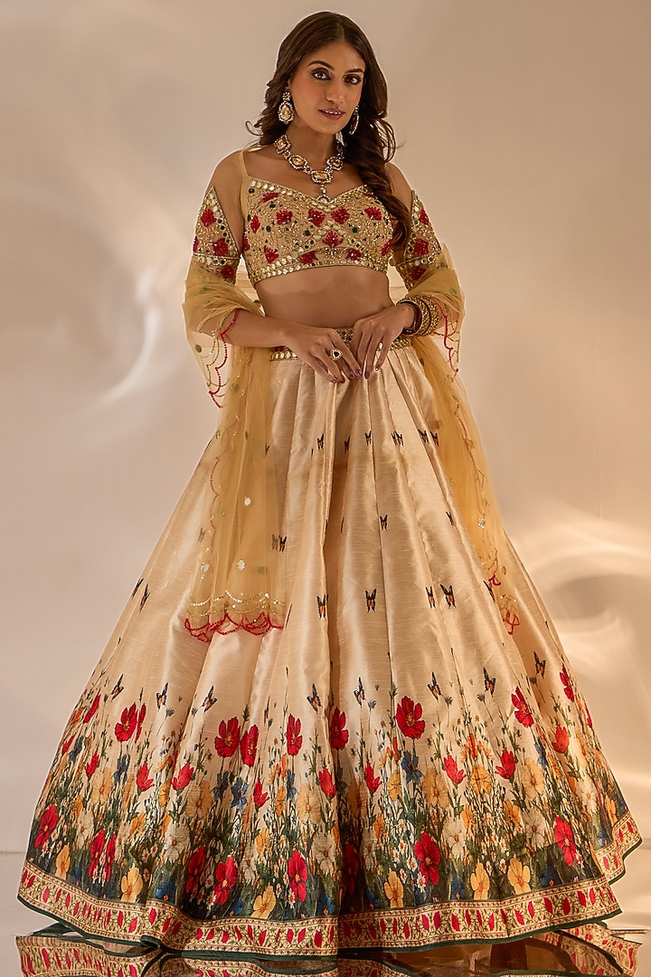 Beige Silk Floral Printed & Hand Embroidered Wedding Lehenga Set by Rashika Sharma at Pernia's Pop Up Shop