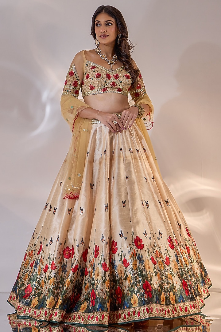 Beige Silk Floral Printed & Hand Embroidered Wedding Lehenga Set by Rashika Sharma at Pernia's Pop Up Shop
