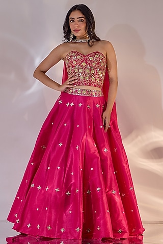 Pink Silk Hand Embroidered Lehenga Set by Rashika Sharma