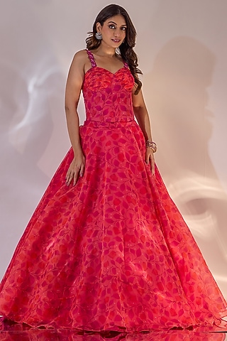 Pink Organza Printed & Thread Embroidered Lehenga Set by Rashika Sharma
