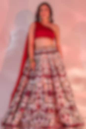 Red Silk Printed & Thread Embroidered Wedding Lehenga Set by Rashika Sharma at Pernia's Pop Up Shop