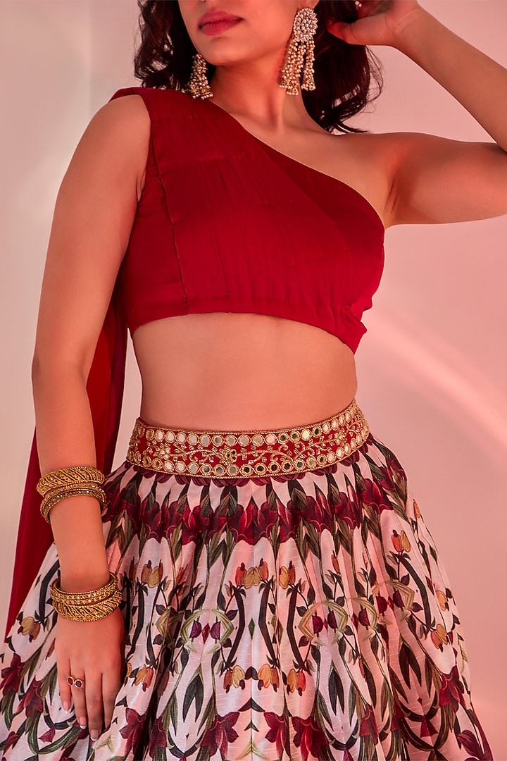 Red Silk Printed & Thread Embroidered Wedding Lehenga Set by Rashika Sharma at Pernia's Pop Up Shop
