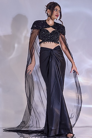 Black Armani Satin Hand Embellished Draped Skirt Set by Rashika Sharma