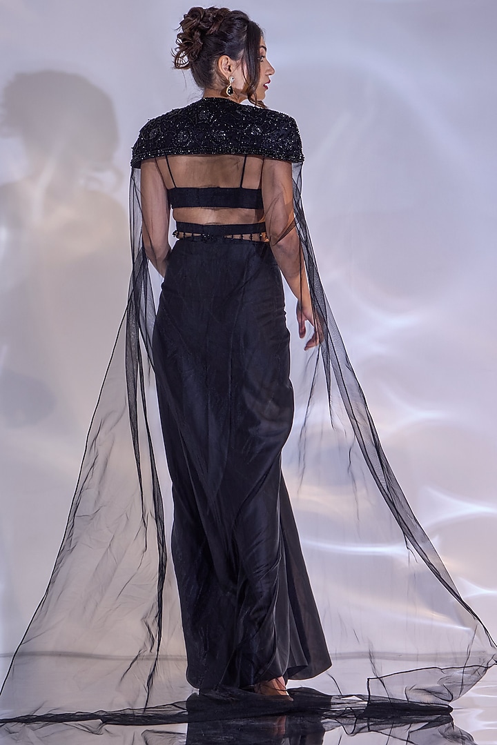 Black Armani Satin Hand Embellished Draped Skirt Set by Rashika Sharma at Pernia's Pop Up Shop