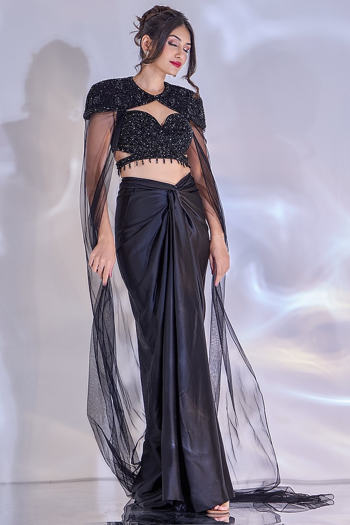 Black Armani Satin Hand Embellished Draped Skirt Set by Rashika Sharma at Pernia's Pop Up Shop