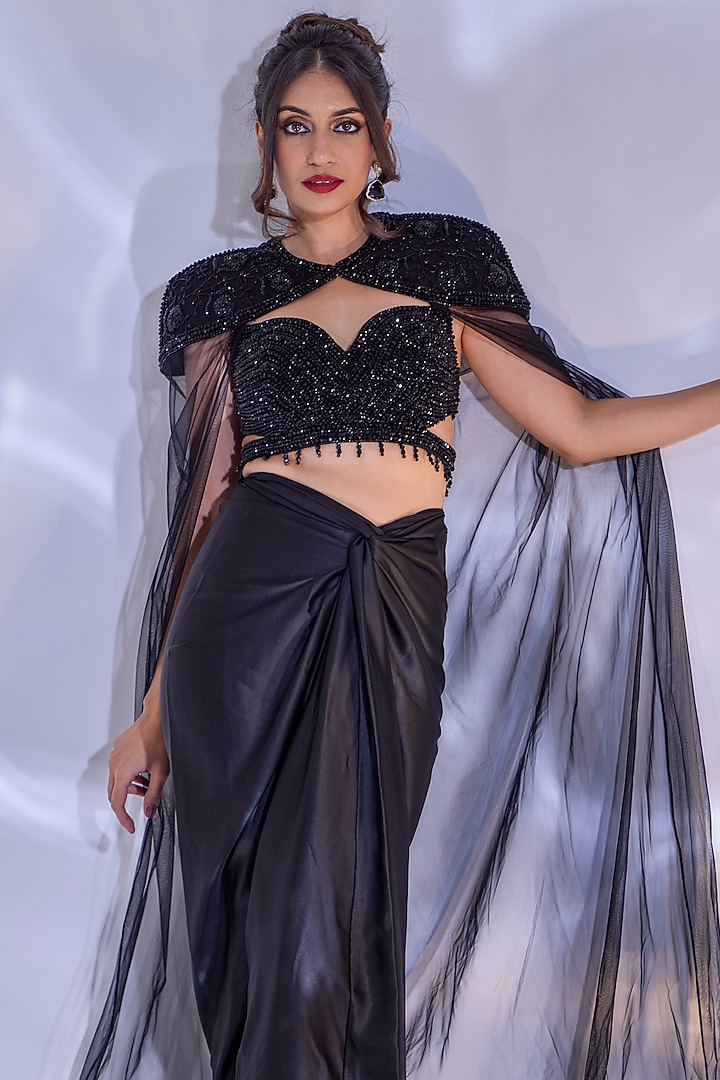 Black Armani Satin Hand Embellished Draped Skirt Set by Rashika Sharma at Pernia's Pop Up Shop