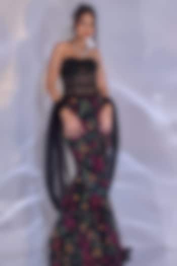 Black Chiffon Printed Mermaid Tail Skirt Set by Rashika Sharma at Pernia's Pop Up Shop