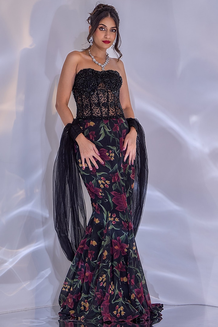Black Chiffon Printed Mermaid Tail Skirt Set by Rashika Sharma at Pernia's Pop Up Shop