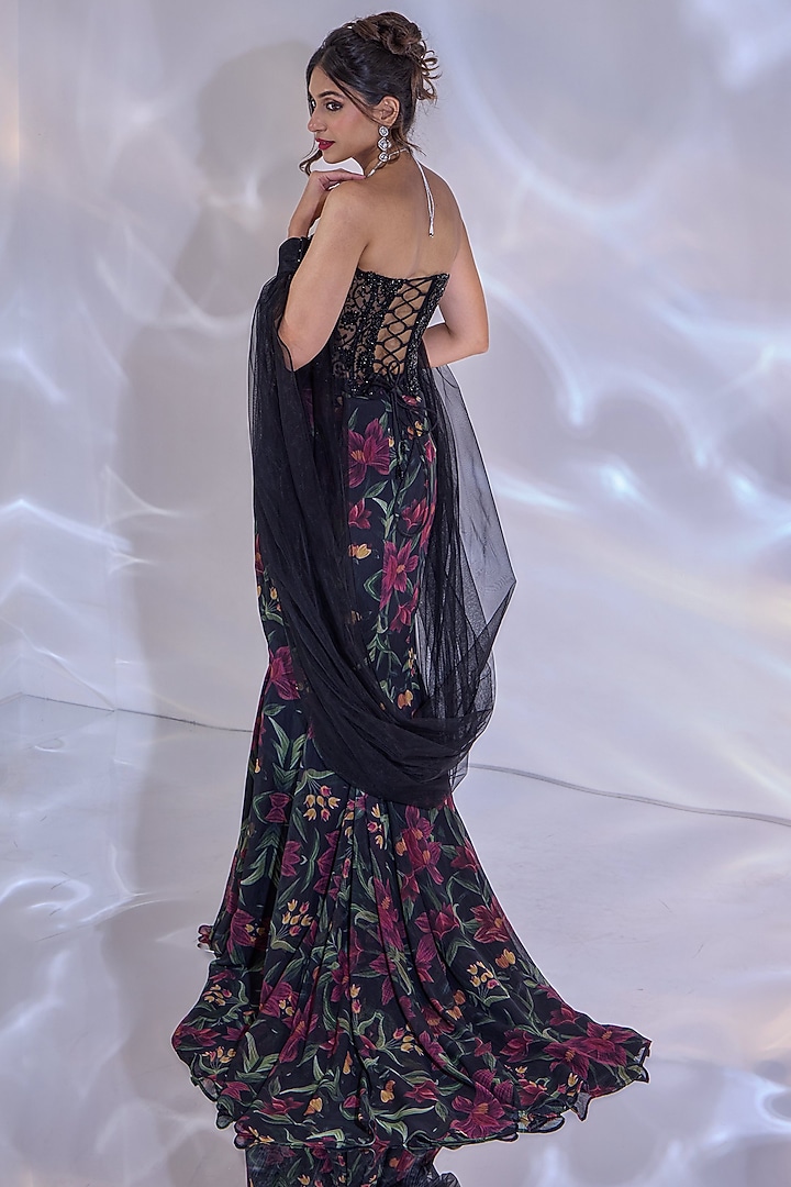 Black Chiffon Printed Mermaid Tail Skirt Set by Rashika Sharma at Pernia's Pop Up Shop