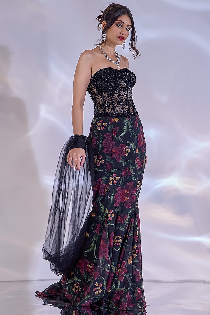 Black Chiffon Printed Mermaid Tail Skirt Set by Rashika Sharma at Pernia's Pop Up Shop