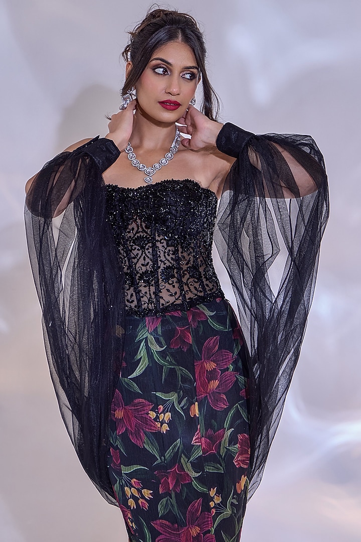 Black Chiffon Printed Mermaid Tail Skirt Set by Rashika Sharma at Pernia's Pop Up Shop