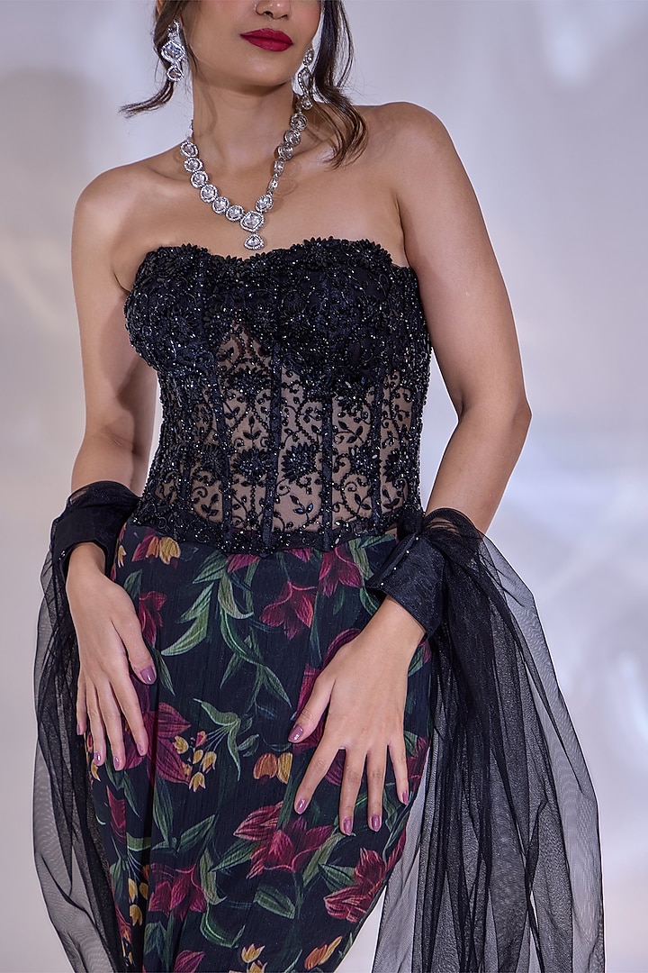Black Chiffon Printed Mermaid Tail Skirt Set by Rashika Sharma at Pernia's Pop Up Shop