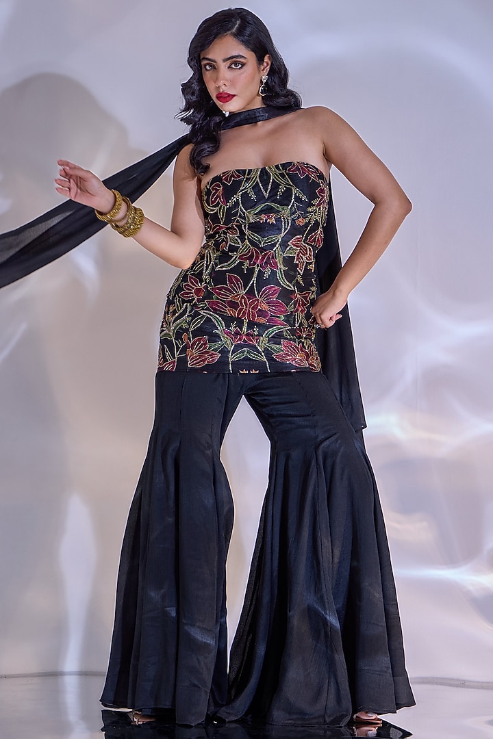 Black Satin Chiffon Hand Embroidered Flared Pant Set by Rashika Sharma at Pernia's Pop Up Shop