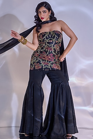 Black Satin Chiffon Hand Embroidered Flared Pant Set by Rashika Sharma
