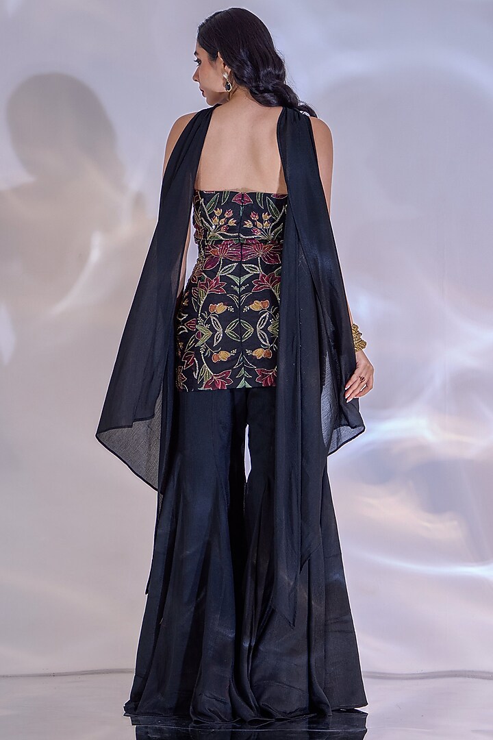 Black Satin Chiffon Hand Embroidered Flared Pant Set by Rashika Sharma at Pernia's Pop Up Shop