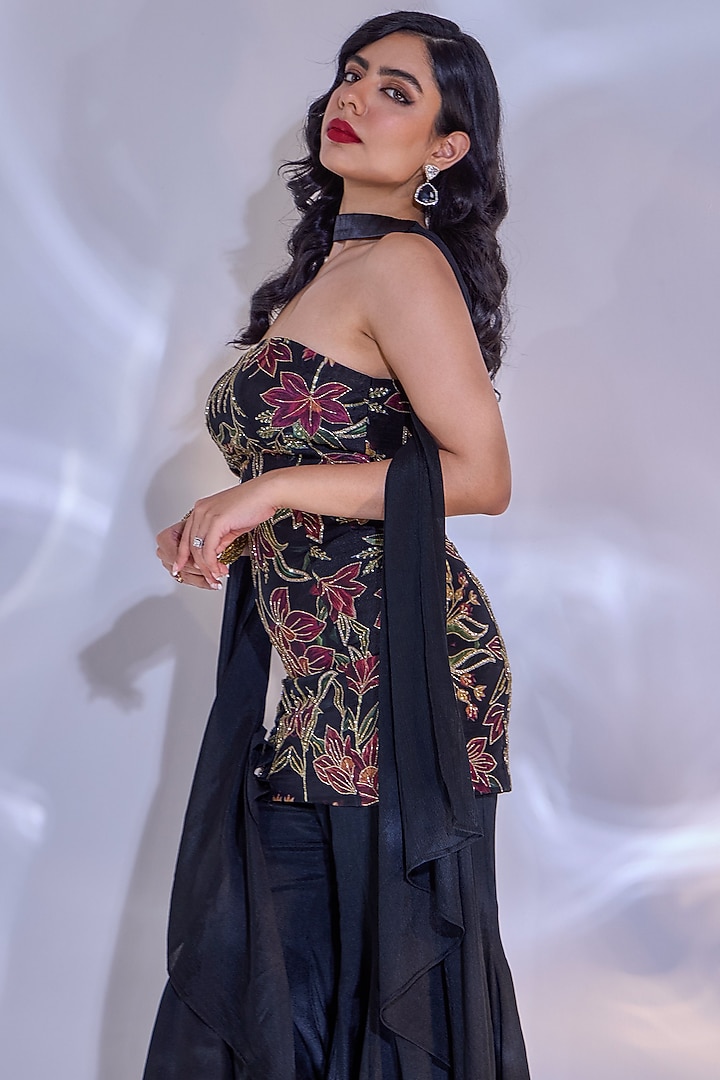 Black Satin Chiffon Hand Embroidered Flared Pant Set by Rashika Sharma at Pernia's Pop Up Shop