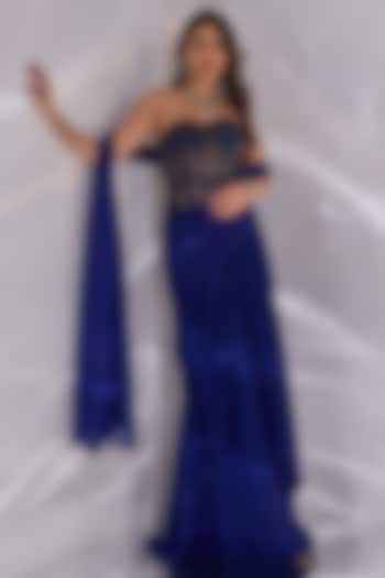 Blue Double Georgette Hand Embellished Draped Wedding Saree Set by Rashika Sharma at Pernia's Pop Up Shop