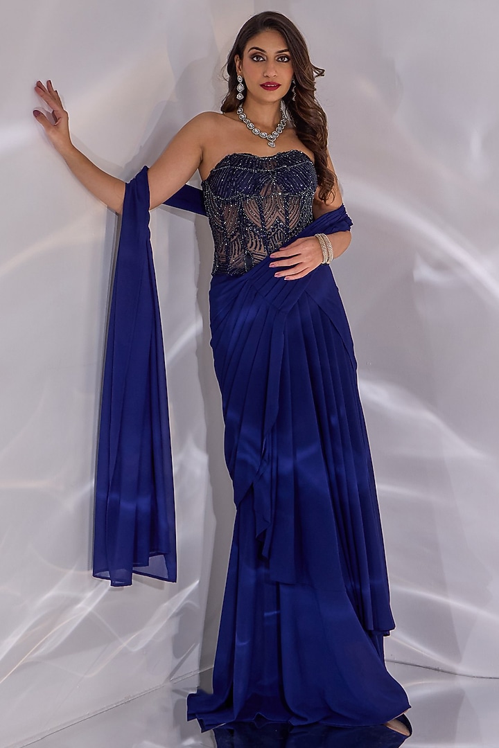 Blue Double Georgette Hand Embellished Draped Wedding Saree Set by Rashika Sharma at Pernia's Pop Up Shop