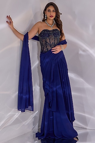 Blue Double Georgette Hand Embellished Draped Saree Set by Rashika Sharma