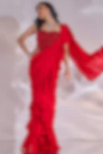 Red Double Georgette Hand Embellished Ruffled Wedding Saree Set by Rashika Sharma at Pernia's Pop Up Shop