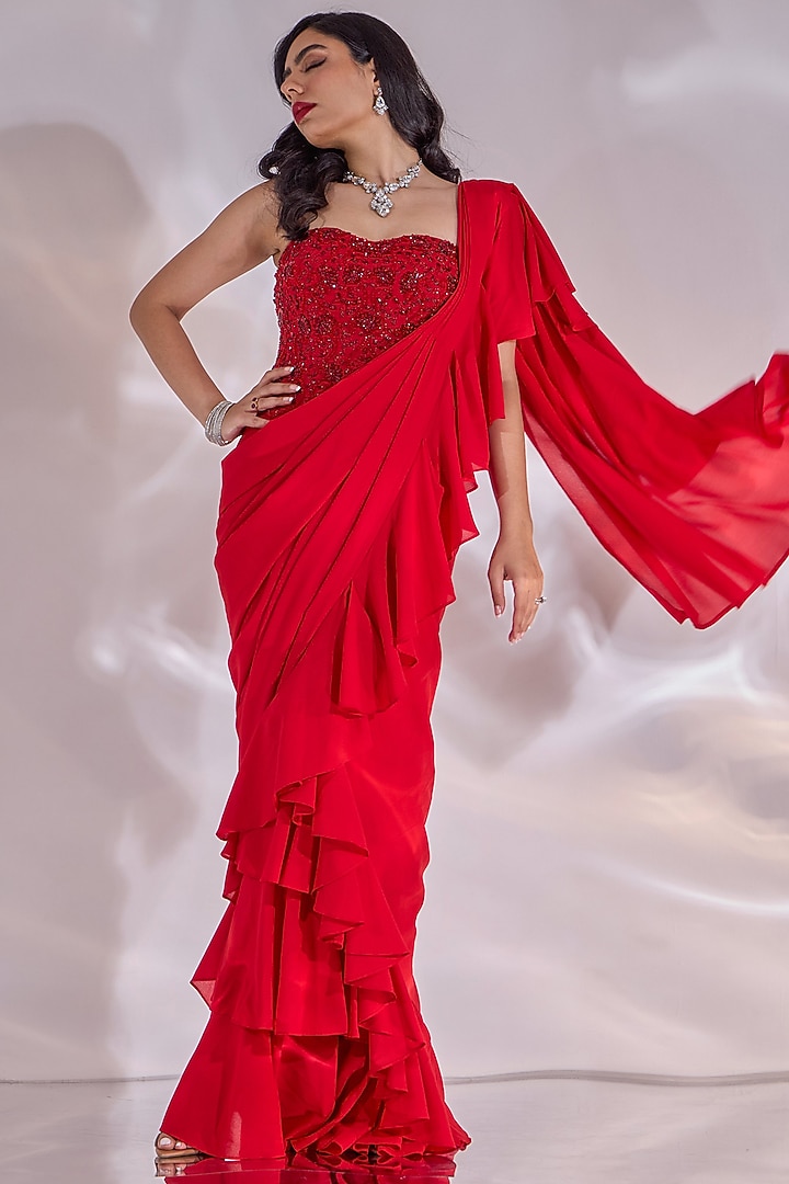 Red Double Georgette Hand Embellished Ruffled Wedding Saree Set by Rashika Sharma at Pernia's Pop Up Shop
