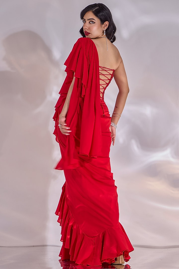 Red Double Georgette Hand Embellished Ruffled Wedding Saree Set by Rashika Sharma at Pernia's Pop Up Shop