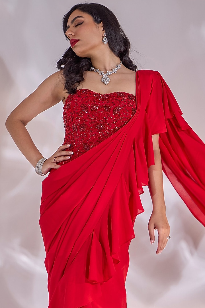 Red Double Georgette Hand Embellished Ruffled Wedding Saree Set by Rashika Sharma at Pernia's Pop Up Shop