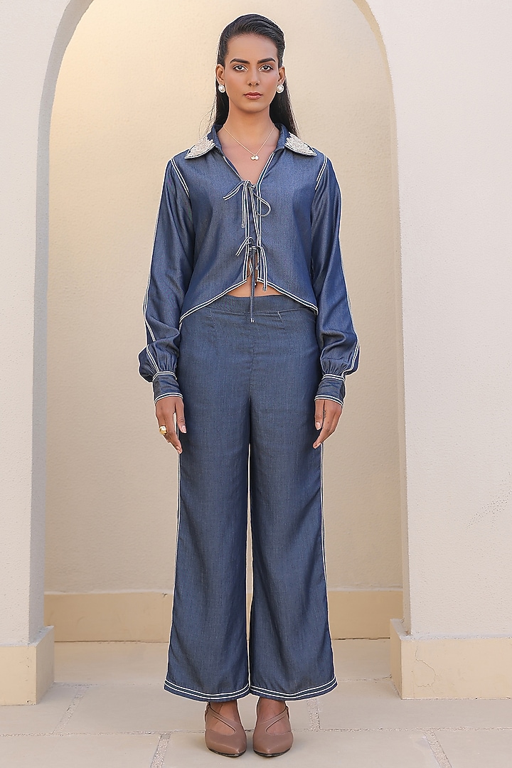 Dark Blue Tencel Denim Thread Embroidered Co-Ord Set by Raw & Rustic by Niti Bothra at Pernia's Pop Up Shop