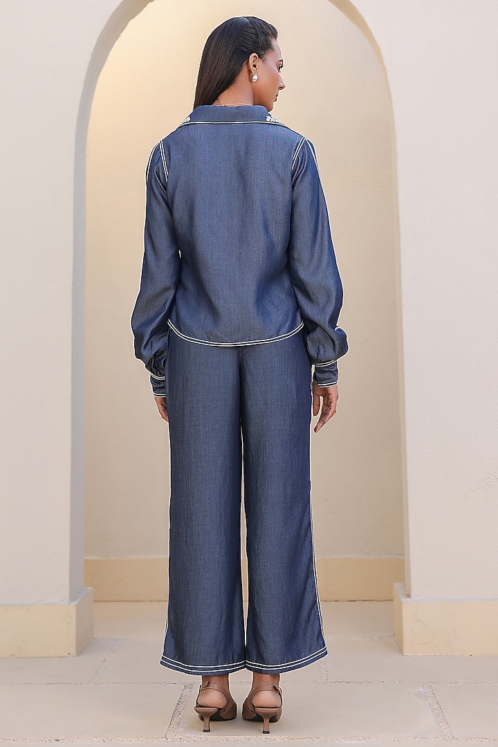 Dark Blue Tencel Denim Thread Embroidered Co-Ord Set by Raw & Rustic by Niti Bothra at Pernia's Pop Up Shop