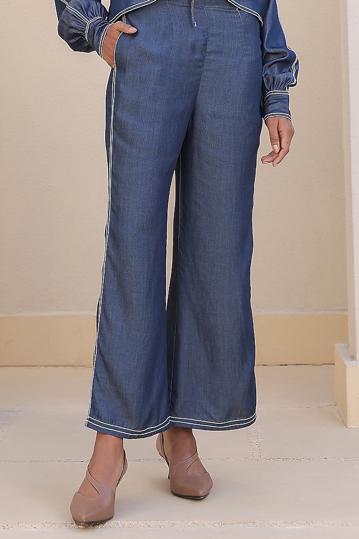 Dark Blue Tencel Denim Thread Embroidered Co-Ord Set by Raw & Rustic by Niti Bothra at Pernia's Pop Up Shop