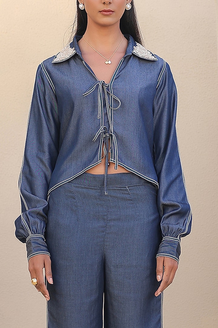 Dark Blue Tencel Denim Thread Embroidered Co-Ord Set by Raw & Rustic by Niti Bothra at Pernia's Pop Up Shop