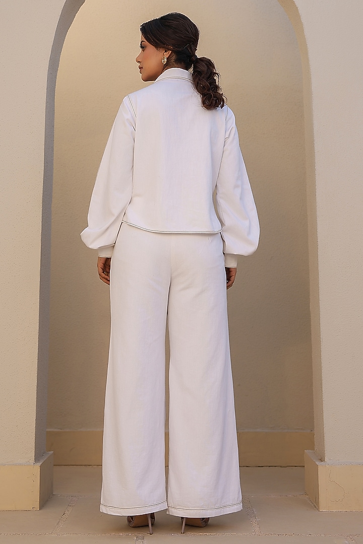 Ecru White Cotton Twill Denim Thread Embroidered Co-Ord Set by Raw & Rustic by Niti Bothra at Pernia's Pop Up Shop